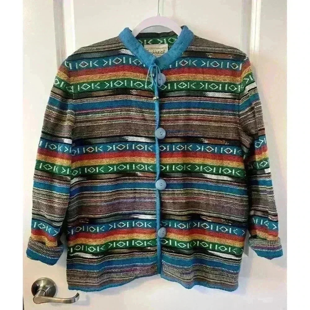 Vintage Flashback Jacket Womens Size S Blue Colorful Tapestry Aztec Boho Y2K 90s